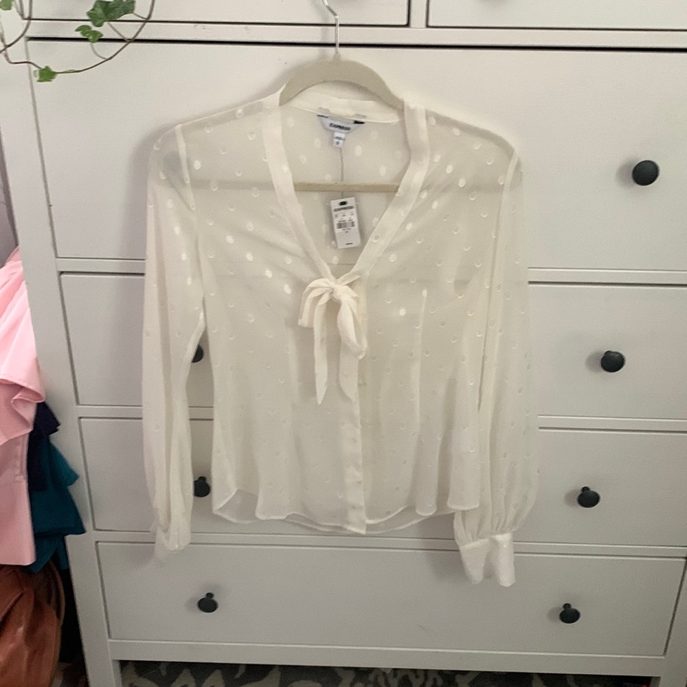 Express size Sm sheer white polka dot long sleeve top!